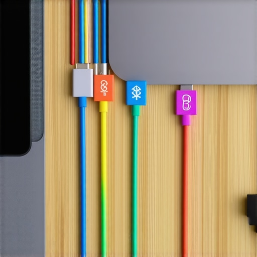 Color-coded laptop cables with heat-shrink tubing labels.