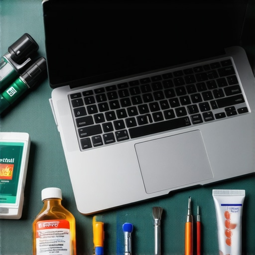 Professional laptop maintenance and repair setup Overhead view of laptop repair tools and hardware maintenance