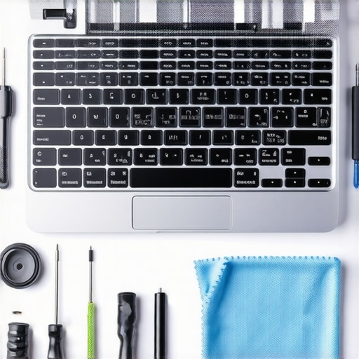 Professional laptop maintenance toolkit A precision screwdriver kit and cleaning tools next to an open laptop showing internal cooling components.