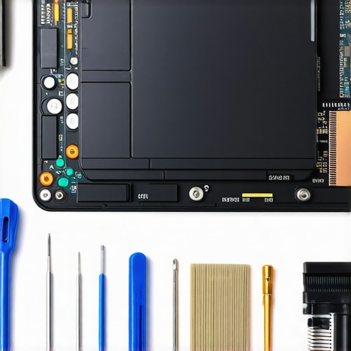 Professional laptop maintenance toolkit on a desk A precision screwdriver kit and a disassembled laptop for cleaning and maintenance.