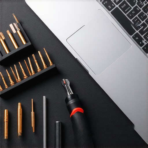 Close up of a screwdriver kit and internal laptop components for maintenance