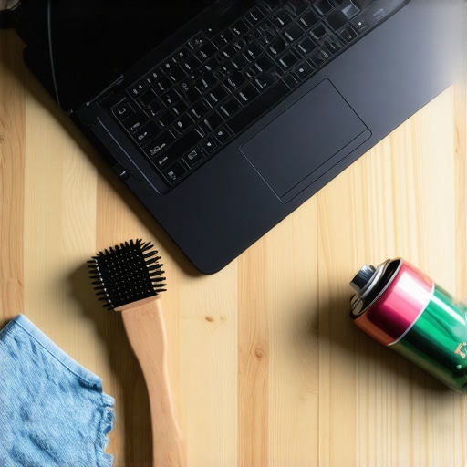 Professional laptop maintenance tools on a desk Top-down view of cleaning tools for laptop maintenance including brush and microfiber cloth