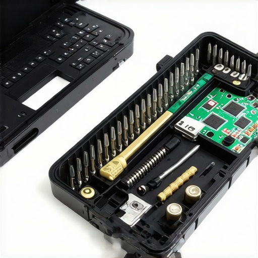 Professional laptop repair bit set and internals A high-quality precision driver set next to a disassembled laptop for hardware upgrades