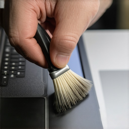 Technician cleaning a laptop smart card reader slot with a brush