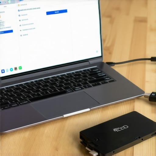 A laptop screen showing disk partitions next to a silver external SSD and recovery USB drive on a desk
