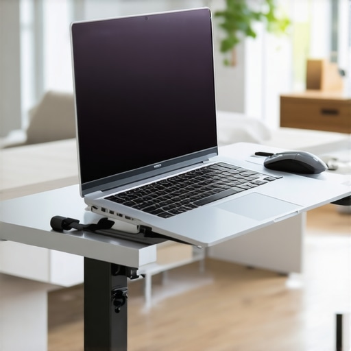 Ergonomic laptop setup showing elevated screen with external keyboard and mouse