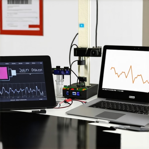 Real-world Laptop Battery Testing vs Marketing Claims A laptop in a lab being tested for battery performance with graphs showing real usage versus manufacturer claims.