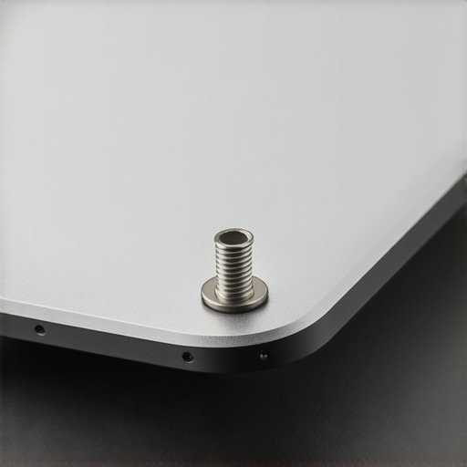 Reinforcing a laptop hinge with metal hardware Close-up of a DIY laptop hinge repair using a through-bolt and washer for structural strength.