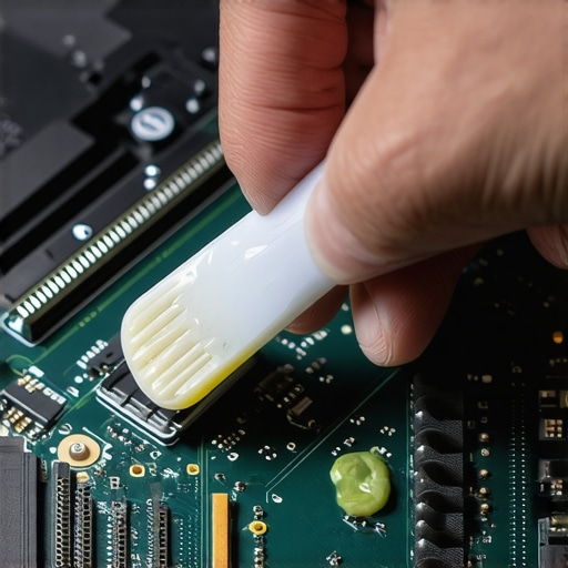 A technician applying new thermal paste to a laptop processor to prevent overheating.