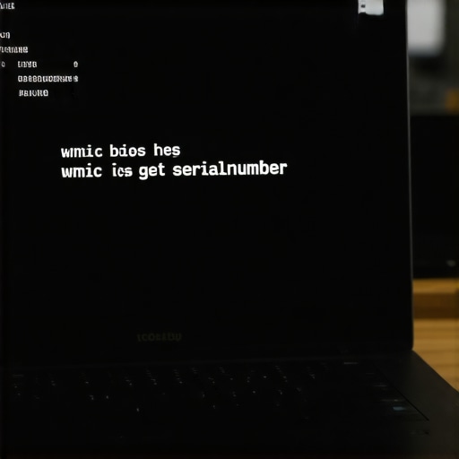 Close-up of a laptop screen showing the command line instruction to find a serial number for warranty verification.