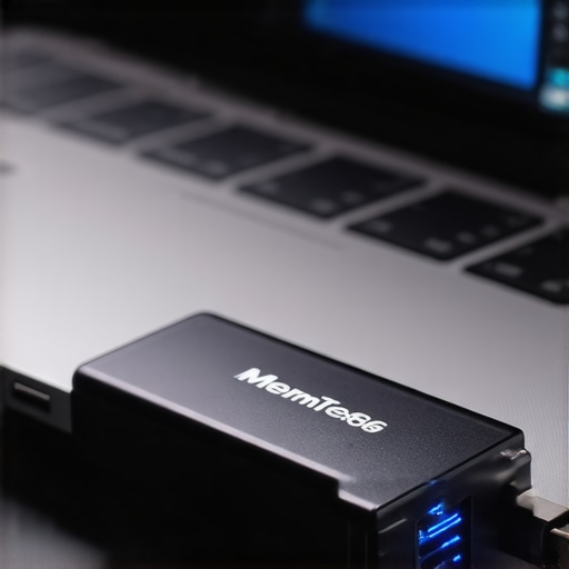 A bootable USB drive running MemTest86 memory diagnostic software on a high-performance laptop.