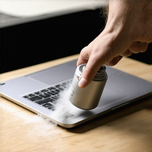 A person cleaning dust from laptop vents using compressed air to improve airflow and cooling.