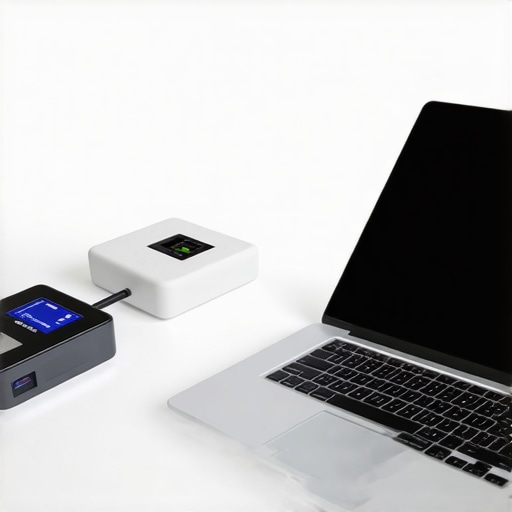 A laptop stored safely in a climate-controlled container with a digital sensor