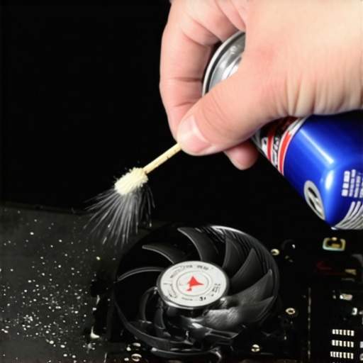 Technician using a toothpick to prevent a laptop fan from spinning while cleaning with compressed air
