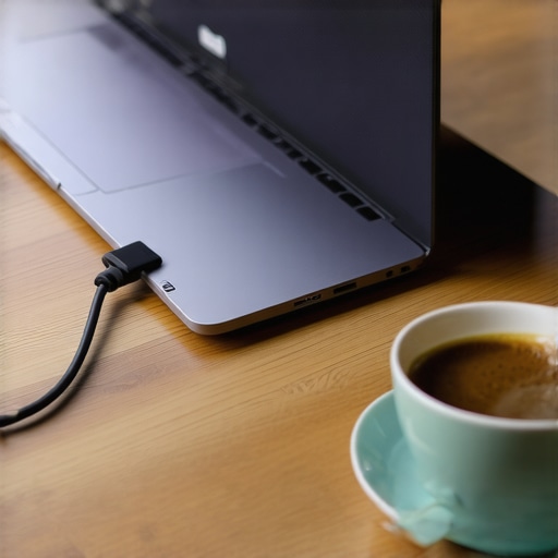 Secure Mobile Laptop Setup A modern laptop with a secure USB-C cable on a wooden cafe table