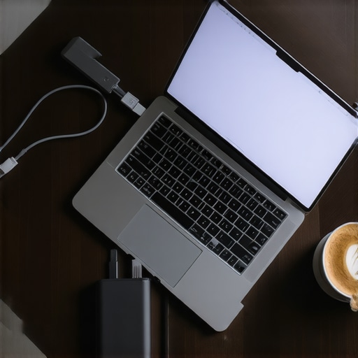 Secure mobile workspace setup with premium laptop and safe power bank A secure remote working setup on a wooden table featuring a business laptop and charging accessories