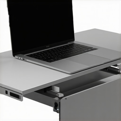 Silent Laptop Cooling Setup with Aluminum Stand A laptop on a silver riser stand to improve airflow and reduce fan noise in an office.