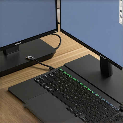 Single Cable USB-C Docking Setup A clean professional workspace using a single USB-C cable to connect a laptop to multiple monitors.