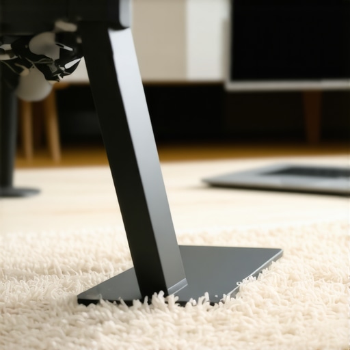 A heavy metal sled base distributing weight on a thick carpet for laptop stability.