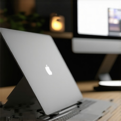 Minimalist desk workspace featuring a vertical laptop dock and organized cables