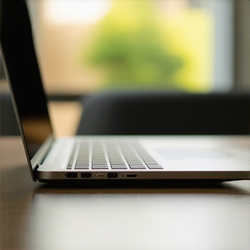 A modern thin laptop running silently on a wooden desk showing no need for external cooling pads