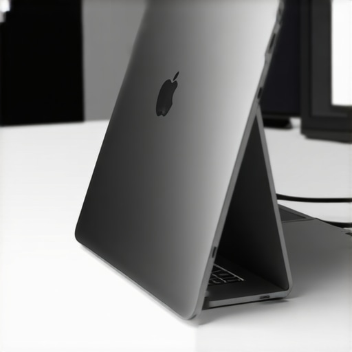 A silver laptop mounted vertically in an aluminum dock on a modern desk with a single connected USB-C cable.