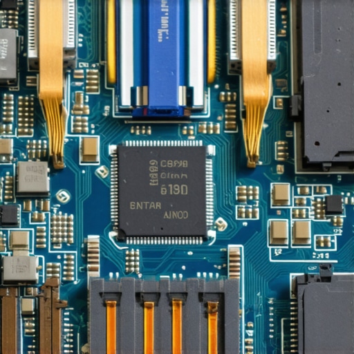 Soldered Laptop Motherboard Components Detail A detailed close-up of integrated motherboard components on a modern thin laptop