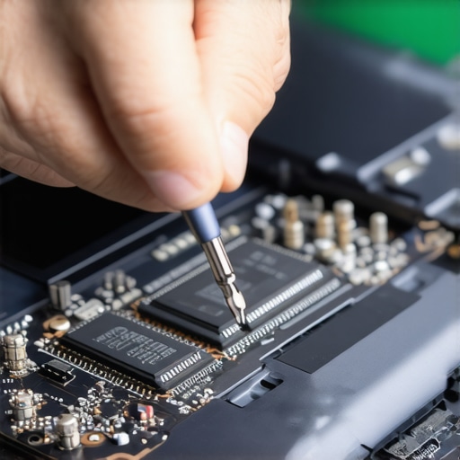 Soldered laptop components versus modular design Close up of laptop motherboard showing soldered RAM chips vs a standard slot.