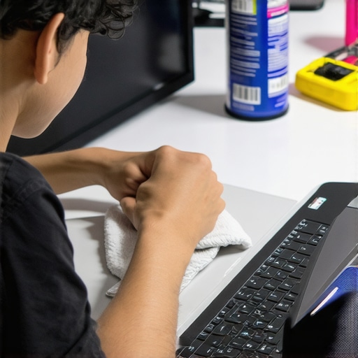 Student cleaning a laptop with compressed air and a microfiber cloth