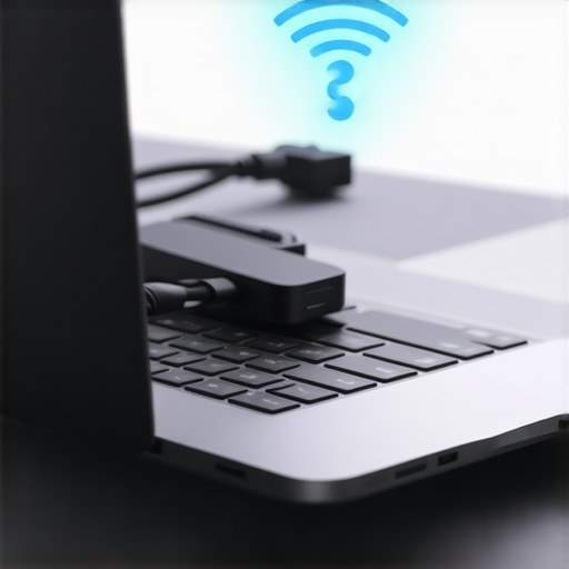 Close up of laptop ports with cables and a Wi-Fi signal interference graphic