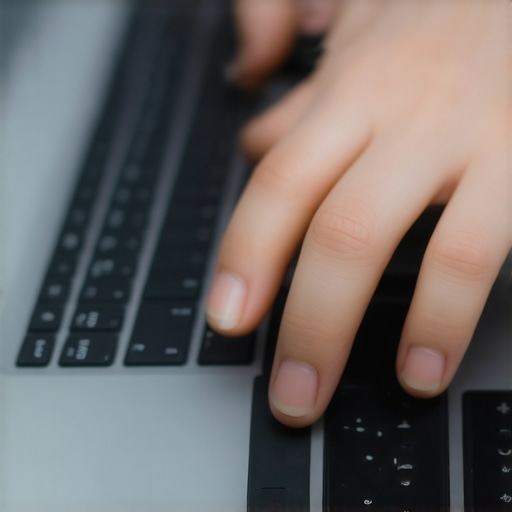 Testing Laptop Key Travel Depth A close-up view of hands typing on a laptop keyboard to test key travel and deck flex.