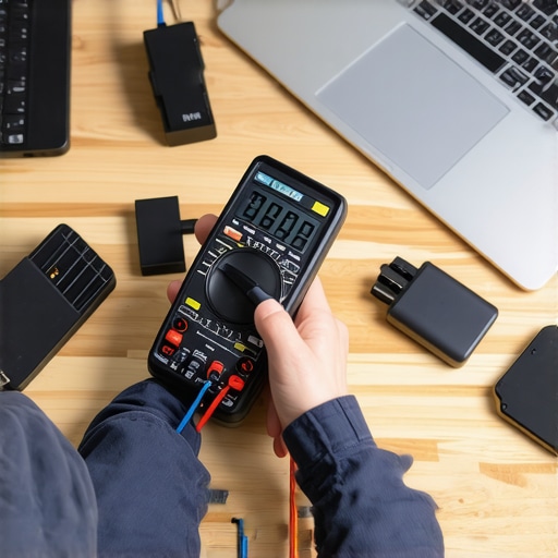 Technician testing a laptop charger with a multimeter to ensure safety and voltage regulation.