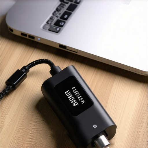 A digital USB-C power tester showing voltage readings on a premium charging cable plugged into a laptop