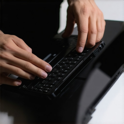 Hands performing a flex test on a modern laptop frame to check for build quality.