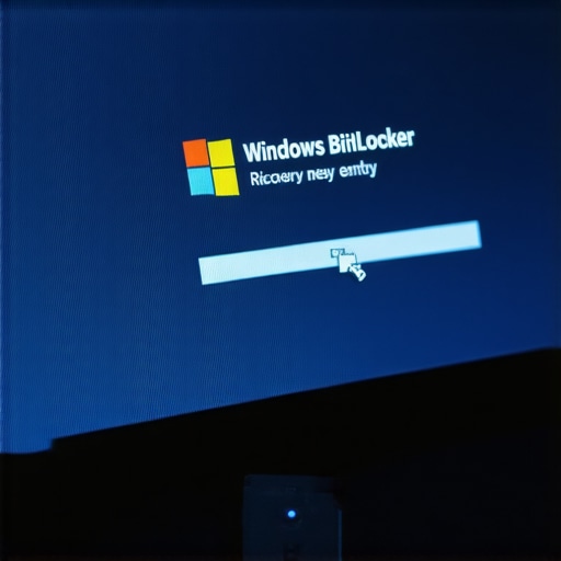 A laptop screen displaying the BitLocker recovery prompt requiring a security key to access data.