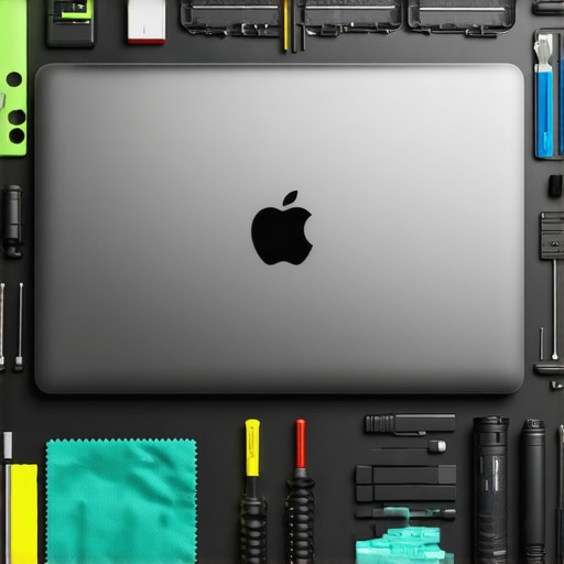A precision screwdriver kit and cleaning tools laid out next to a high-end laptop for internal cleaning and maintenance.