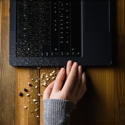 A person tapping a laptop upside down to remove crumbs from the keyboard.