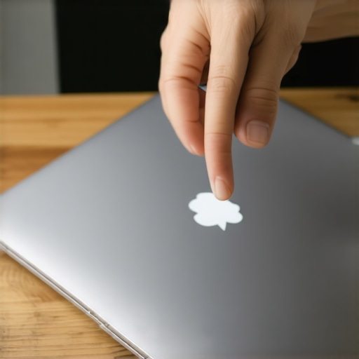 A person testing laptop hinge quality using one finger on a wooden desk.