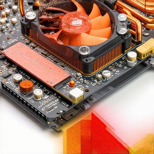 Close up of a laptop's internal cooling system with heat map highlights showing high temperature zones on the processor.