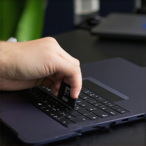 The efficiency of integrated laptop ports A close-up of a professional inserting an SD card into a built-in laptop slot, demonstrating a clean workspace.