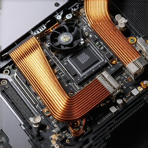 Macro view of laptop thermal cooling system showing heat pipes and fan
