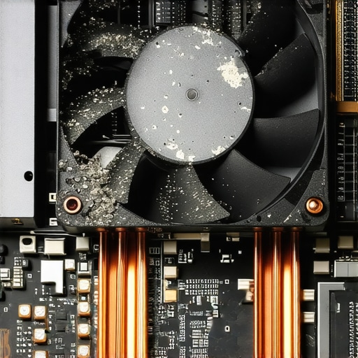 Inside view of a dusty laptop cooling system showing thermal pipes