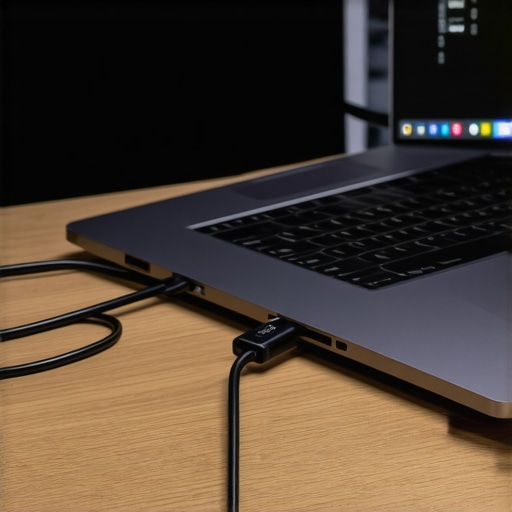 A high-quality USB-C charging cable with a digital wattage readout connected to a laptop.