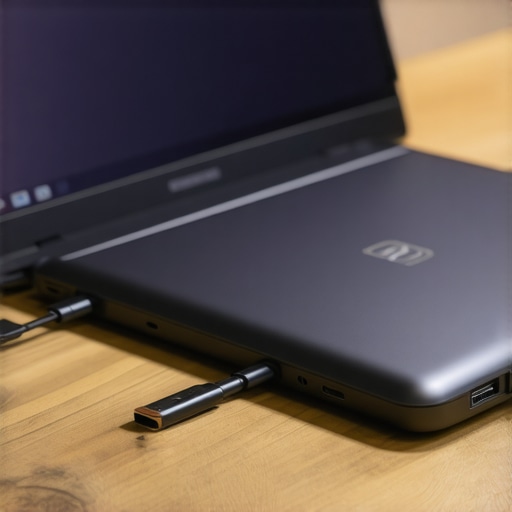 A high-quality USB-C power bank safely charging a student laptop on a wooden desk