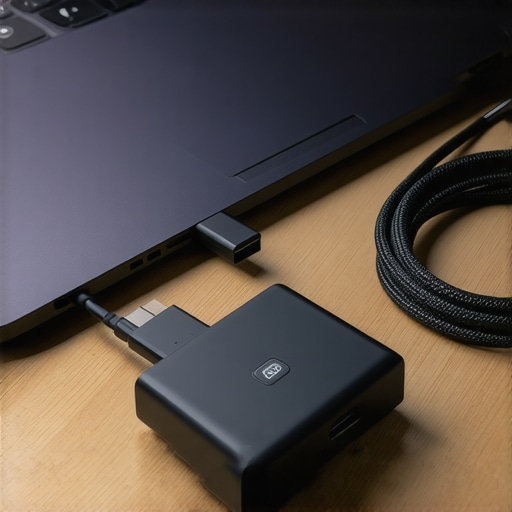 A close-up of a laptop USB-C charging port and a high-quality GaN charger on a desk.