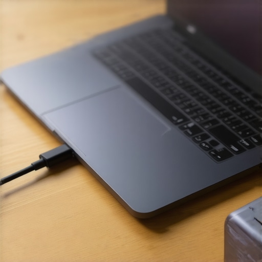 USB-C charging connection on a modern laptop A close-up of a laptop charging with a high-wattage power brick