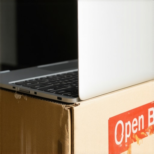 Unboxing a Premium Open-Box Laptop Deal A high-end laptop in a damaged box showing a significant discount sticker.