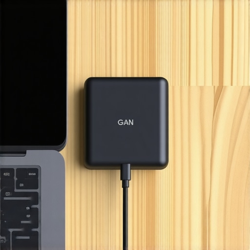 A compact GaN multi-port charger powering a laptop on a wooden desk