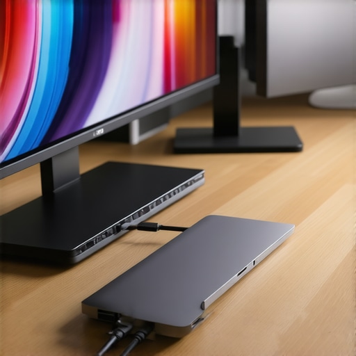 Universal Laptop Docking Station Setup A clean workstation featuring a universal Thunderbolt docking station connected to a laptop and dual monitors.
