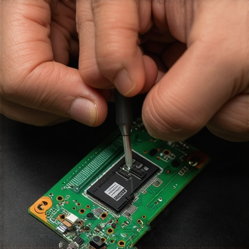 Technician installing a RAM stick into a laptop motherboard to show modularity and repairability.